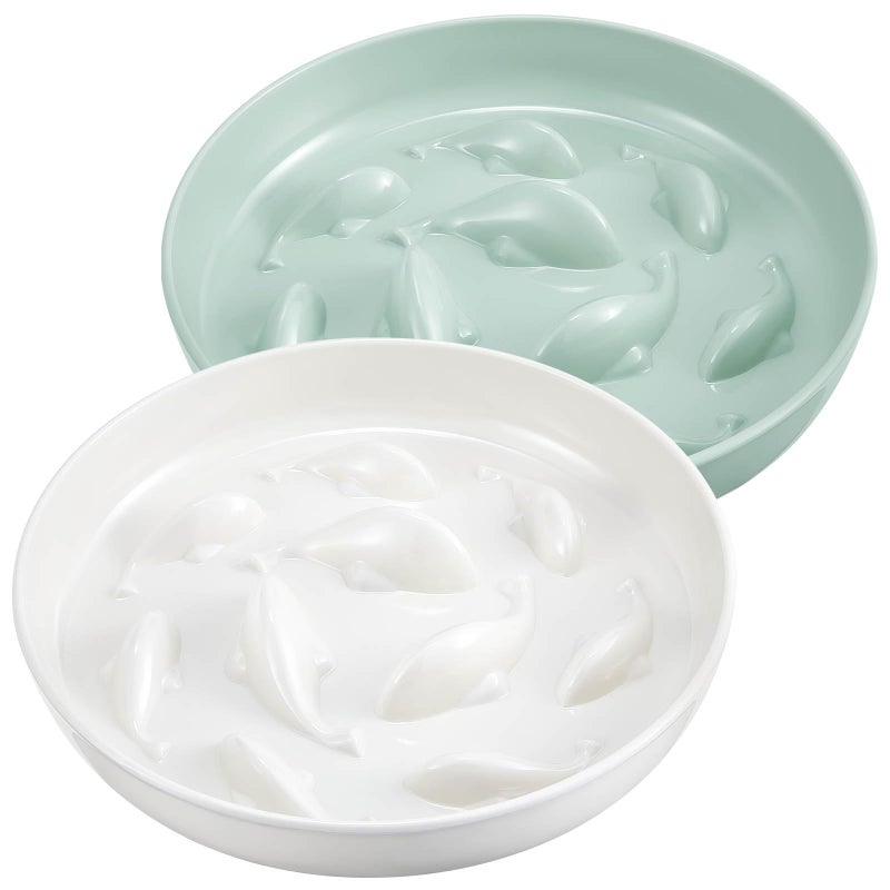 Nitial 2 Pcs Cat Slow Feeder Bowl Fish Pool Design Feeder Dish Fun Interactive Cat Food Bowl Healthy Eating Diet Bowls for Pet Puppy Dogs Dishwasher Safe(White, Green) - Image 1