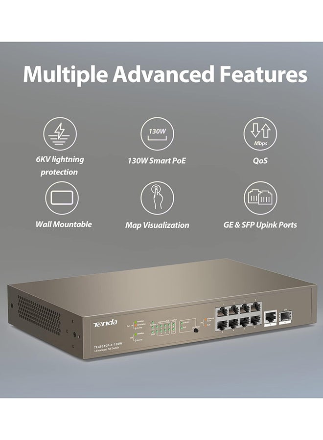 Tenda Layer-3 Managed PoE Switch|9 PoE Ports with 1SFP | Static Routing | VLAN | IGMP| QoS | DHCP Snooping (TEG5310P-8-150W) Brown - Image 2