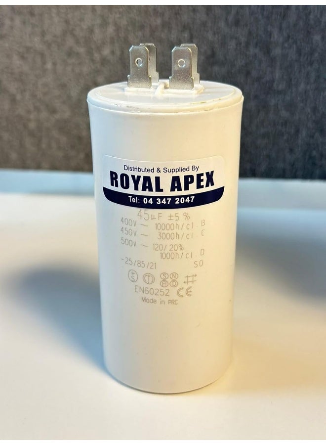 Royal Apex 2 Pin Pvc Round Capacitor For Motor Compressor Etc Ce En60252 2 Pin 45Mfd 45‚µf - Image 1