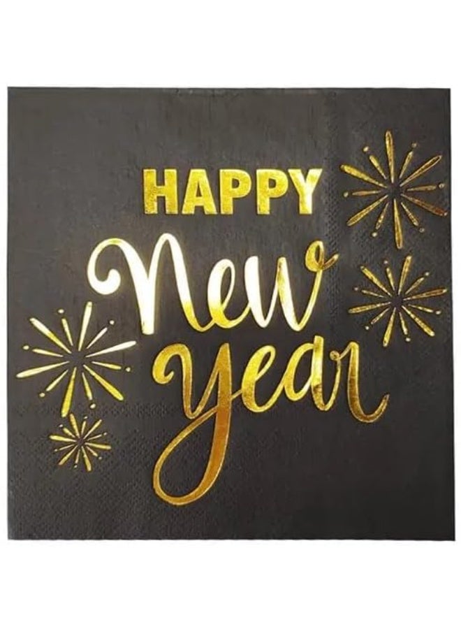 ThePartyPopper Pack of 16 Happy New Year Paper Napkins – Black and Gold Party Tableware | Disposable Beverage Napkins for New Year’s Eve Celebration - Image 1