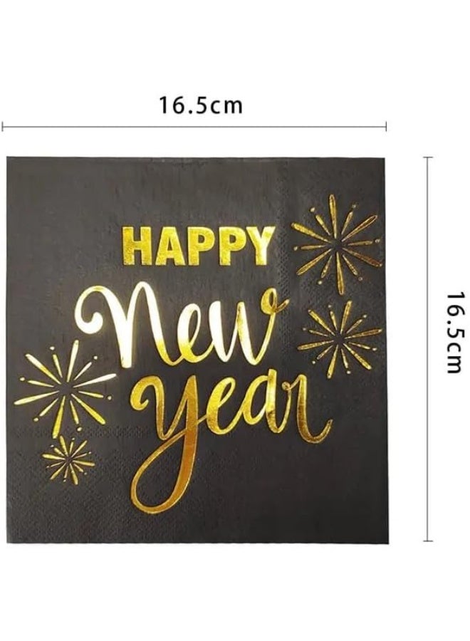 ThePartyPopper Pack of 16 Happy New Year Paper Napkins – Black and Gold Party Tableware | Disposable Beverage Napkins for New Year’s Eve Celebration - Image 2
