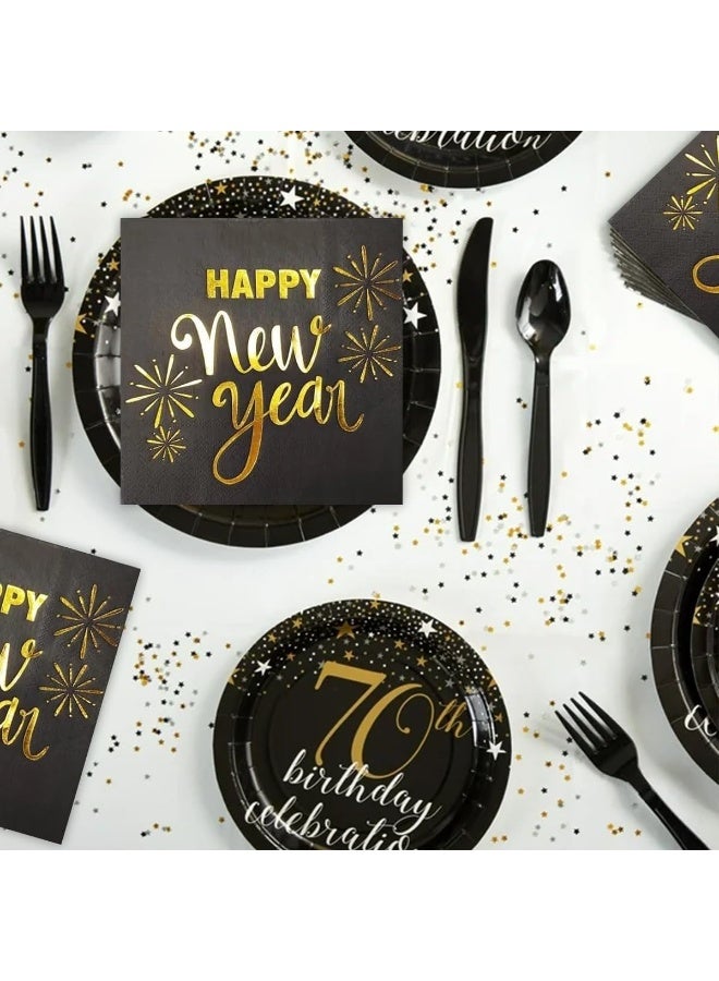 ThePartyPopper Pack of 16 Happy New Year Paper Napkins – Black and Gold Party Tableware | Disposable Beverage Napkins for New Year’s Eve Celebration - Image 5