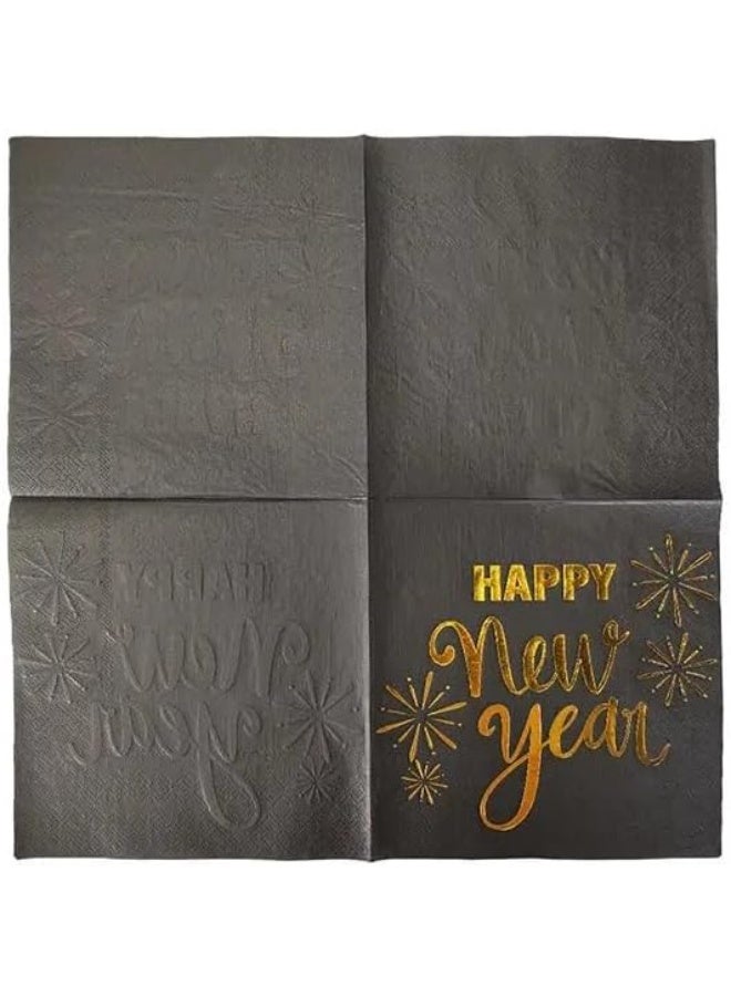 ThePartyPopper Pack of 16 Happy New Year Paper Napkins – Black and Gold Party Tableware | Disposable Beverage Napkins for New Year’s Eve Celebration - Image 3