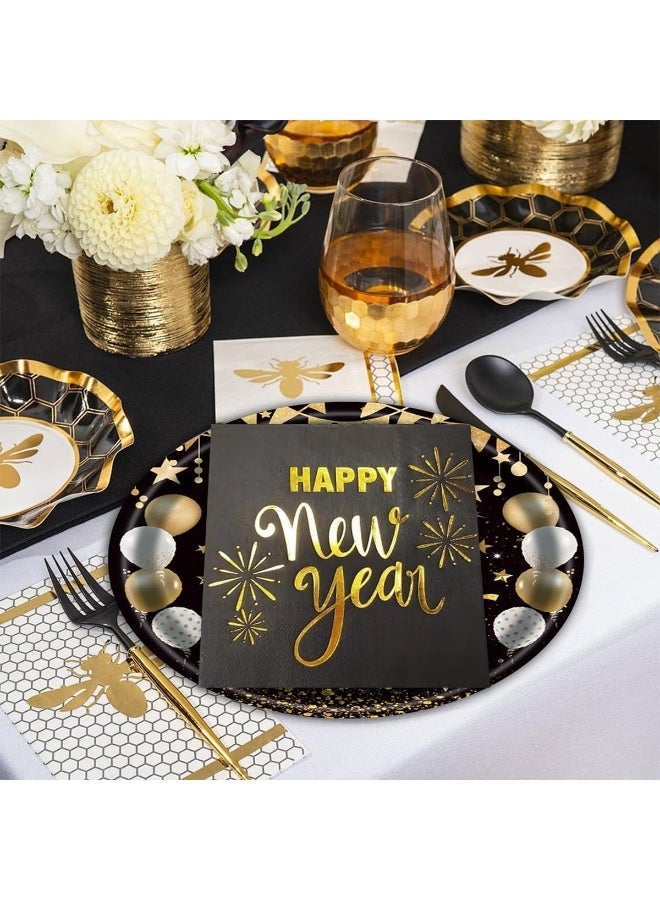 ThePartyPopper Pack of 16 Happy New Year Paper Napkins – Black and Gold Party Tableware | Disposable Beverage Napkins for New Year’s Eve Celebration - Image 4
