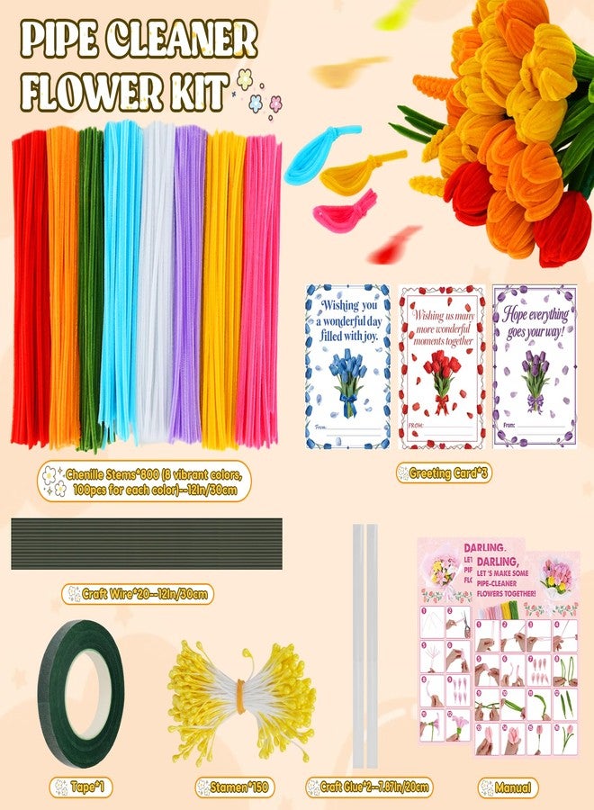 Anyeve 800PCS Pipe Cleaners Flower Kit, Pipe Cleaner Bulk Craft Flower Making Kit with Instruction, 8 Colors Thick Chenille Stems for Arts DIY Craft Supplies with Greeting Card, Floral Wires, Tape, Stamen - Image 2