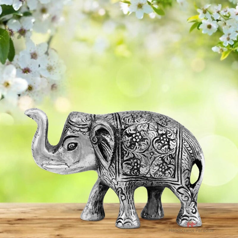 Handicrafts Paradise Handicrafts Paradise Metal Elephant Carved Trunk Up Oxidised, Silver, 6 X 2 X 4 inch, 1 Piece - Image 1