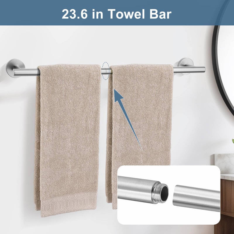 soaez Brushed Nickel Round 10-Piece Towel Bar Set Bathroom Hardware Accessories Set Upgraded Toilet Paper Holder Towel Rail Set for Bathroom Stainless Steel Wall Mounted Bathroom Set 23.6 in - Image 4