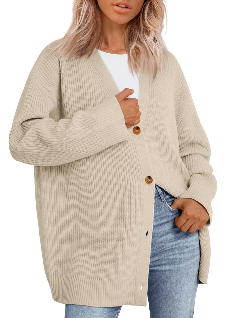 LILLUSORY Women Oversized Cardigan Sweater 2025 Fall Outfits Cloth Fashion V Neck Knit Button Front Casual Trendy Tops Apricot Medium - Image 1