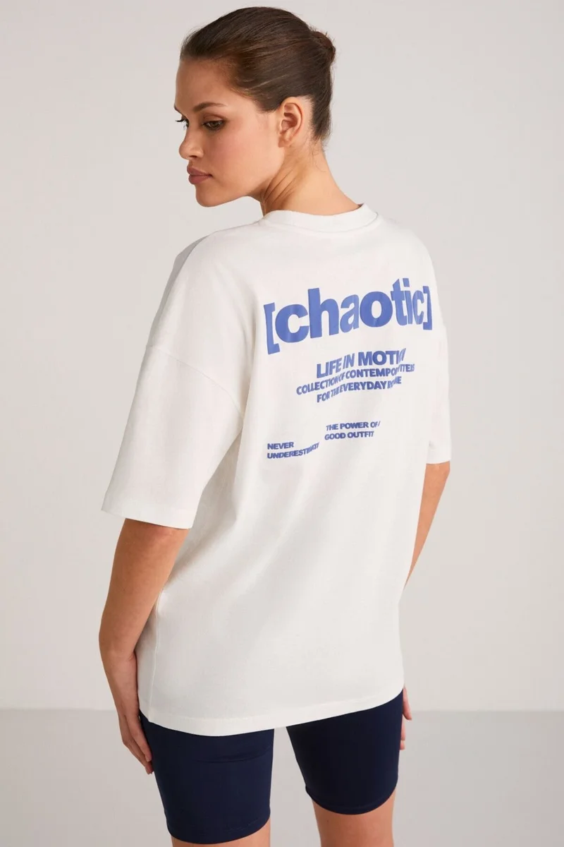 جريميلانج Arcadia Women's Back and Front Text Detailed Ecru/Blue T-shirt