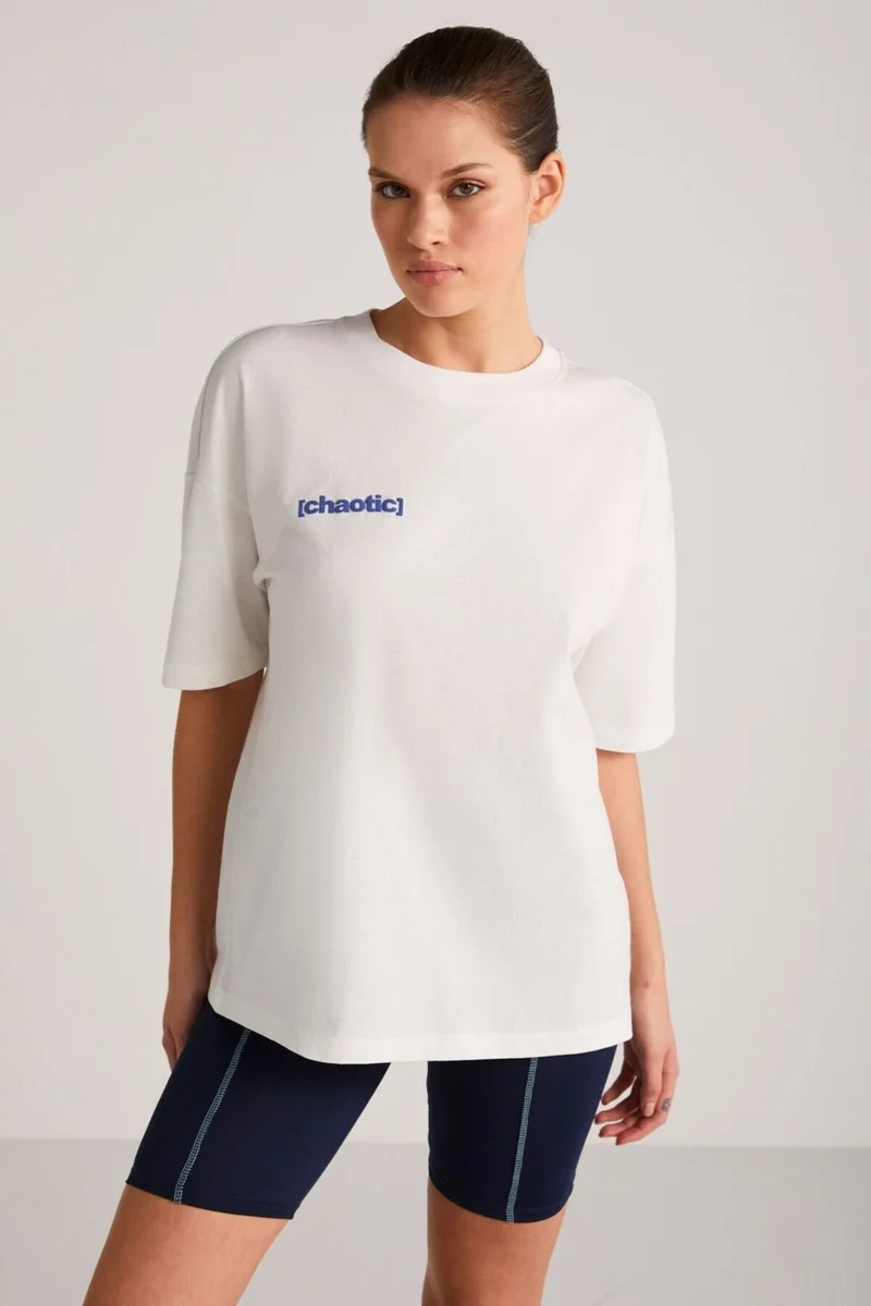 جريميلانج Arcadia Women's Back and Front Text Detailed Ecru/Blue T-shirt