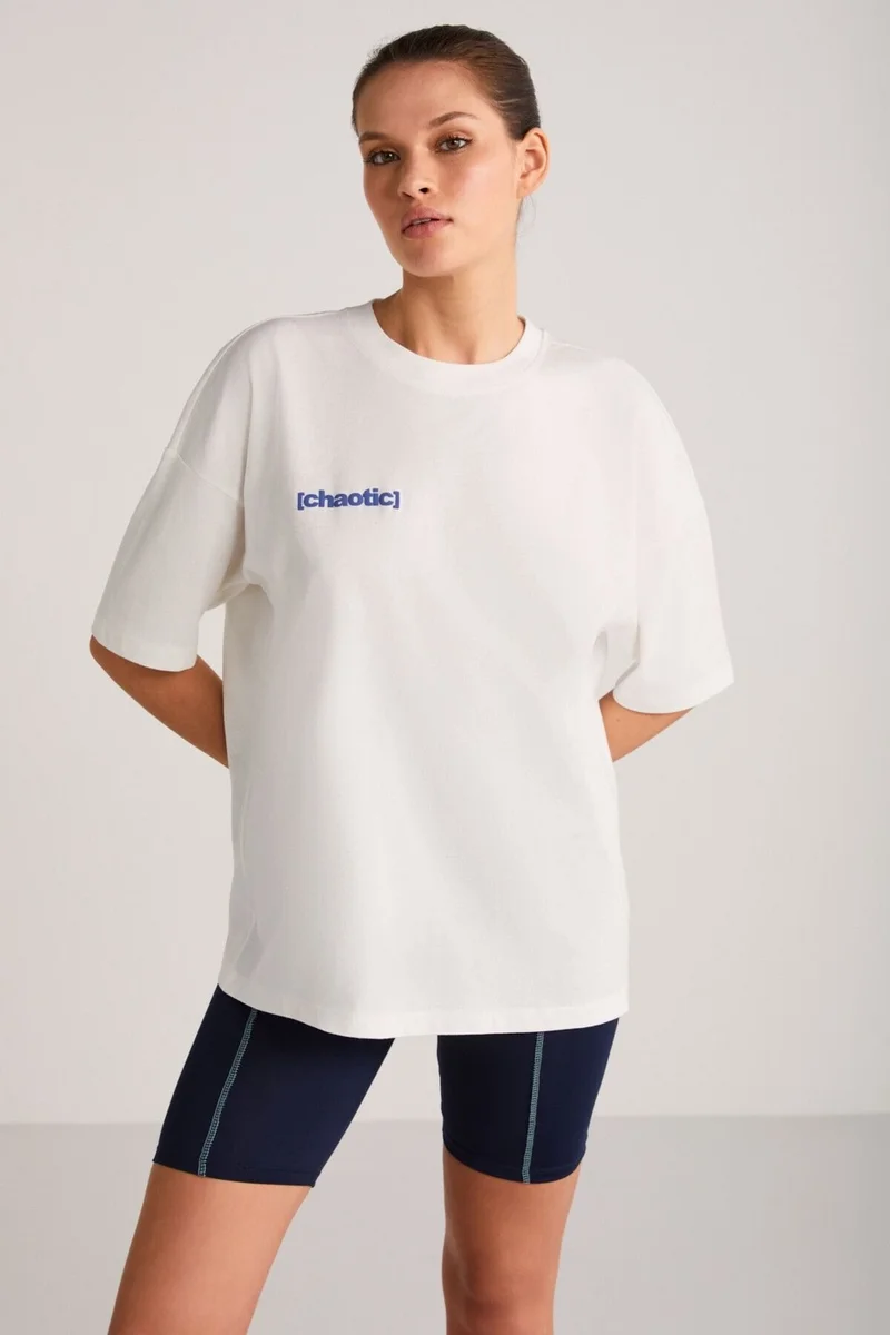 جريميلانج Arcadia Women's Back and Front Text Detailed Ecru/Blue T-shirt