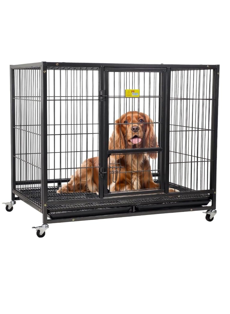 Dog cage with Heavy-Duty Metal, Lockable door, Removable tray & Rolling wheels, Dog Crate with Open-top design, Feeding door, Sturdy cage for Medium to Large breeds, Indoor-Outdoor use, 110 cm (Black)