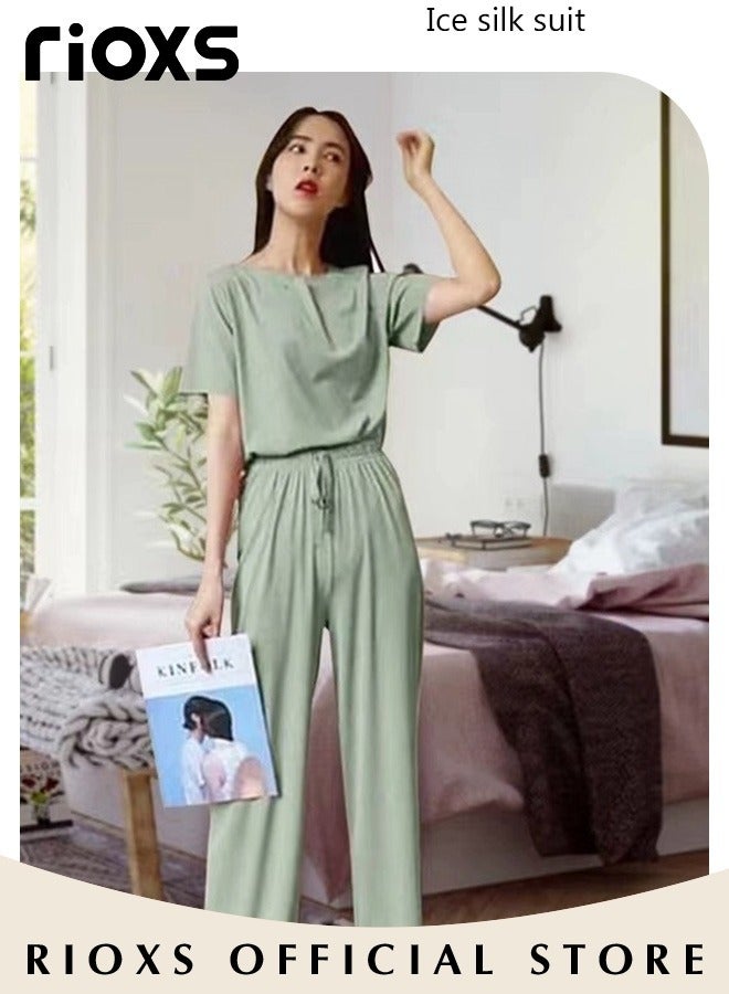 RIOXS Women's 3PCS Summer Pajamas Set, Short Sleeve Round Neck Shirt with Elastic Waist Shorts and Long Pants, Skin-friendly Soft Sleepwear, Cozy Stylish Loungewear  - Image 2