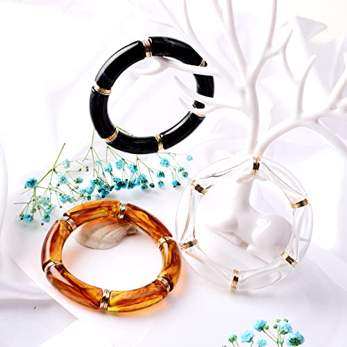GOOJIDS Simple Beaded Gold Plated Bangles Bracelet Chunky Bamboo Tube Curved Stacking Clear Acrylic Colorful Beads Stretchable Gold Plated Bracelets Set For Women - Image 3