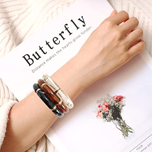 GOOJIDS Simple Beaded Gold Plated Bangles Bracelet Chunky Bamboo Tube Curved Stacking Clear Acrylic Colorful Beads Stretchable Gold Plated Bracelets Set For Women - Image 5
