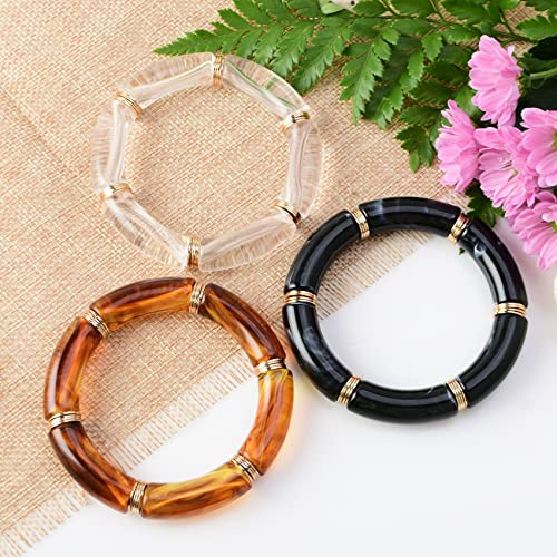 GOOJIDS Simple Beaded Gold Plated Bangles Bracelet Chunky Bamboo Tube Curved Stacking Clear Acrylic Colorful Beads Stretchable Gold Plated Bracelets Set For Women - Image 4