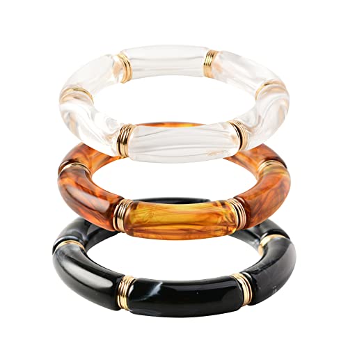 GOOJIDS Simple Beaded Gold Plated Bangles Bracelet Chunky Bamboo Tube Curved Stacking Clear Acrylic Colorful Beads Stretchable Gold Plated Bracelets Set For Women - Image 1