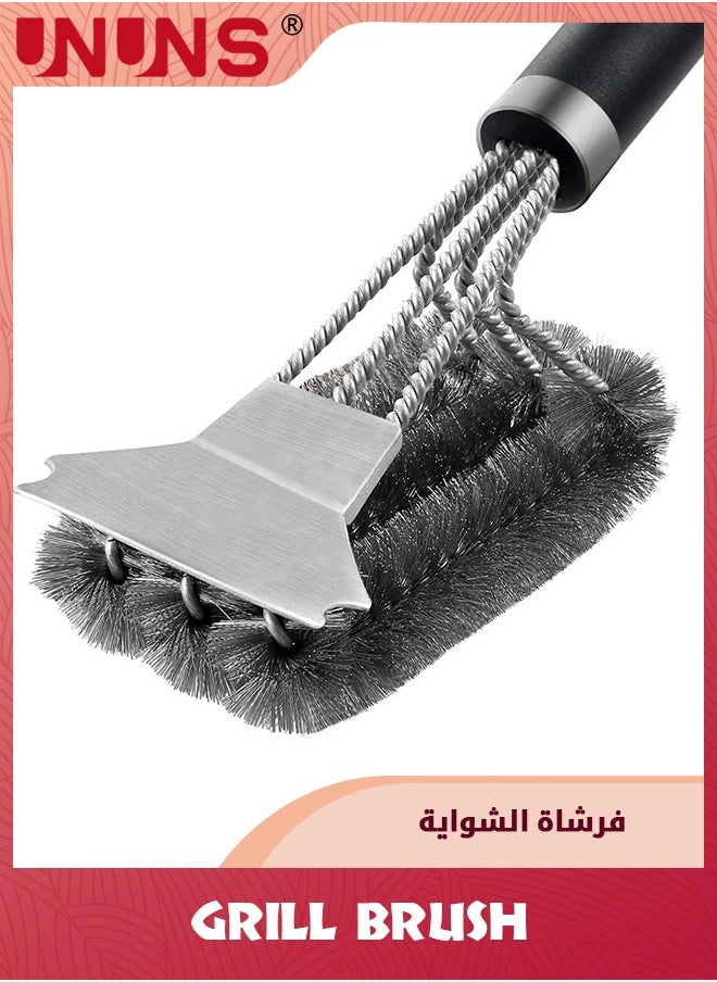 UNUNS فرشاة شواء، 3 في 1 فرشاة مكشطة شواء من الفولاذ المقاوم للصدأ مقاومة للصدأ مع خطاف، فرشاة تنظيف سلكية آمنة، فرشاة تنظيف قوية للغاية للشواية الخارجية مقاس 45.8 سم، باللون الأسود  - Image 1
