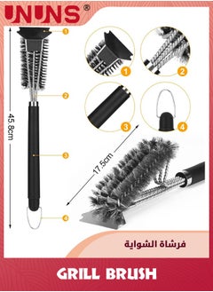 UNUNS Grill Brush,3 in 1 Rust Resistant Stainless Steel Grill Scraper BBQ Brush With Hook,Safe Wire Scrubber,45.8cm Extra Strong Grill Cleaning Brush for Outdoor Grill,Black  - Image 3
