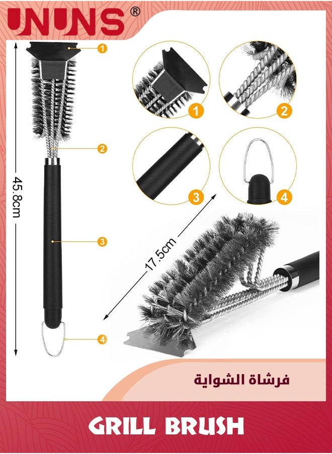 UNUNS فرشاة شواء، 3 في 1 فرشاة مكشطة شواء من الفولاذ المقاوم للصدأ مقاومة للصدأ مع خطاف، فرشاة تنظيف سلكية آمنة، فرشاة تنظيف قوية للغاية للشواية الخارجية مقاس 45.8 سم، باللون الأسود  - Image 3