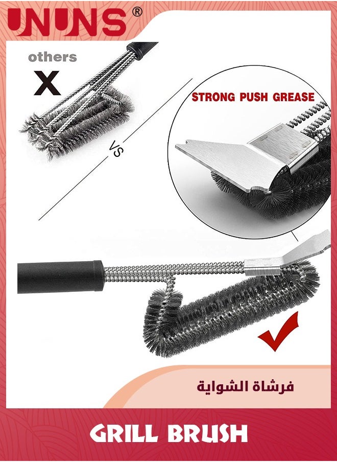 UNUNS فرشاة شواء، 3 في 1 فرشاة مكشطة شواء من الفولاذ المقاوم للصدأ مقاومة للصدأ مع خطاف، فرشاة تنظيف سلكية آمنة، فرشاة تنظيف قوية للغاية للشواية الخارجية مقاس 45.8 سم، باللون الأسود  - Image 4