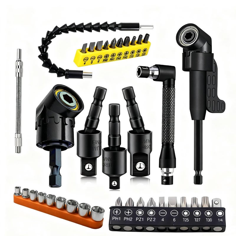 DOOOYU 37Pcs Flexible Drill Bit Extension right angle drill attachment Include 90 degree Bits drill attachment Hex Shank 105Â° Right Angle Drill Attachment Short Screwdriver Rotatable Socket Adapter - Image 1