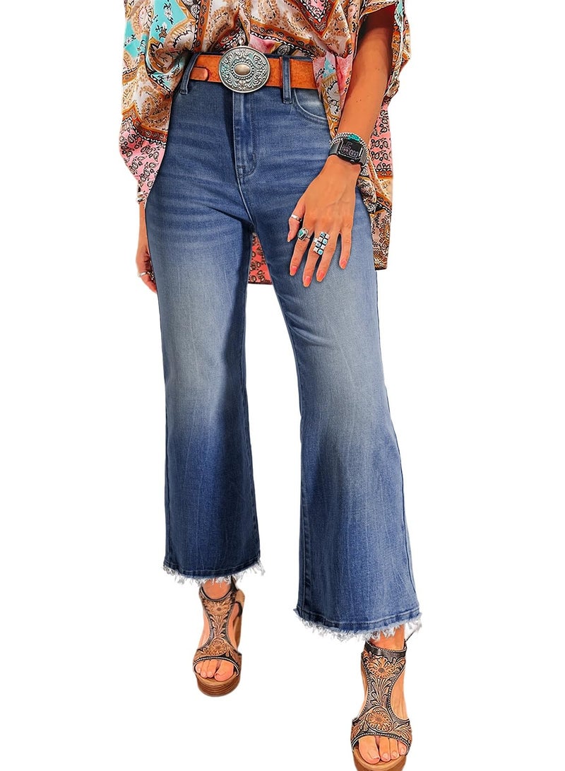 Astylish Flared Jeans for Women Trendy High Waisted Wide Leg Jeans Baggy Stretchy Raw Hem Cropped Denim Pants Size 12 Sail Blue - Image 1