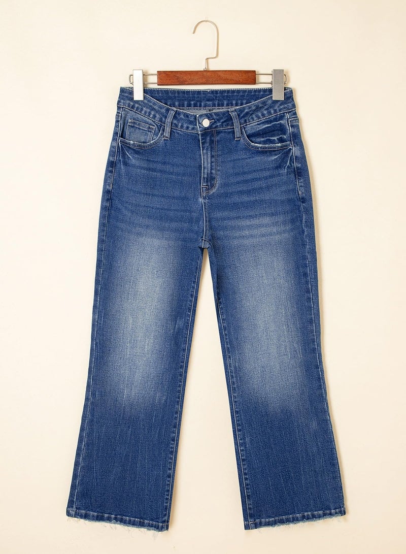 Astylish Flared Jeans for Women Trendy High Waisted Wide Leg Jeans Baggy Stretchy Raw Hem Cropped Denim Pants Size 12 Sail Blue - Image 5