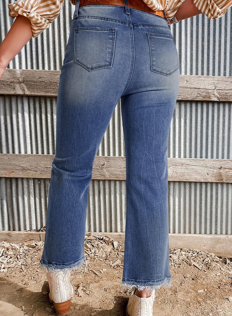 Astylish Flared Jeans for Women Trendy High Waisted Wide Leg Jeans Baggy Stretchy Raw Hem Cropped Denim Pants Size 12 Sail Blue - Image 3