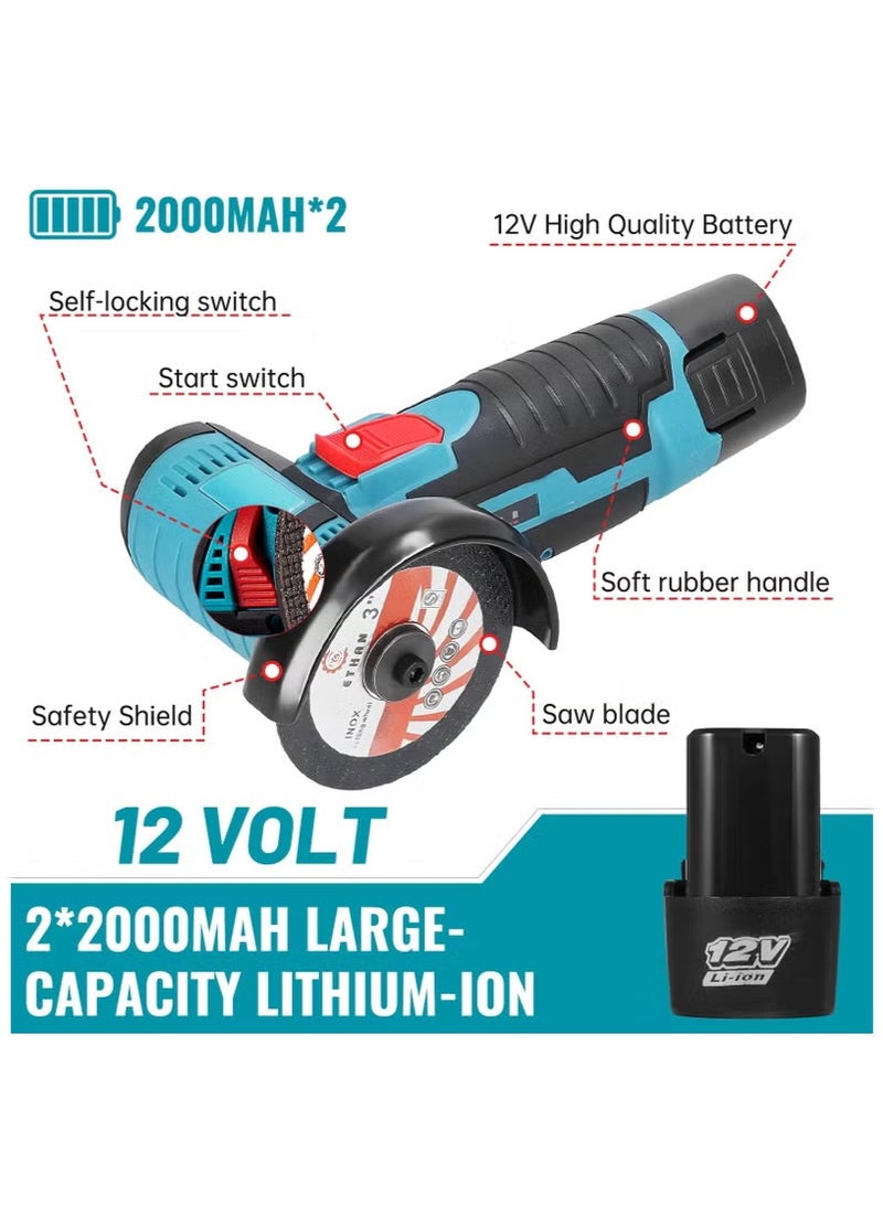 ULHYC Angle Grinder Tool, Mini Angle Grinder, Cordless Electric Angle Grinding Tool 12V 19500RPM with 2PCS 2000mAh Battery, Nylon Cutting Blade-s/Grinding Disc/Metal Cutting Disc - Image 4