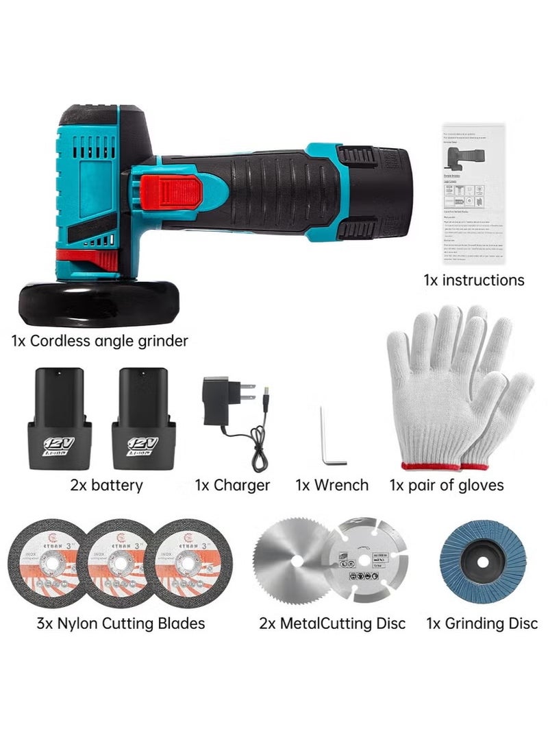 ULHYC Angle Grinder Tool, Mini Angle Grinder, Cordless Electric Angle Grinding Tool 12V 19500RPM with 2PCS 2000mAh Battery, Nylon Cutting Blade-s/Grinding Disc/Metal Cutting Disc - Image 5