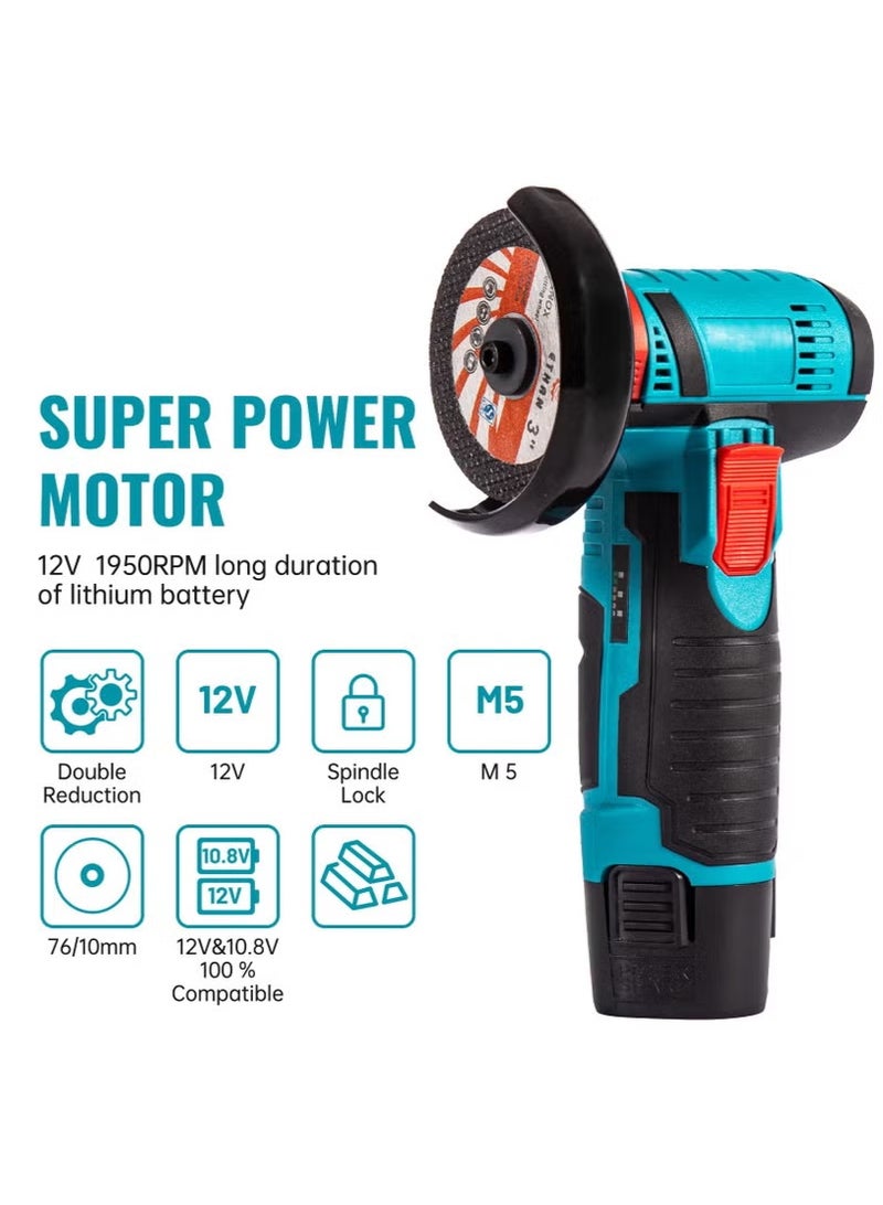 ULHYC Angle Grinder Tool, Mini Angle Grinder, Cordless Electric Angle Grinding Tool 12V 19500RPM with 2PCS 2000mAh Battery, Nylon Cutting Blade-s/Grinding Disc/Metal Cutting Disc - Image 3