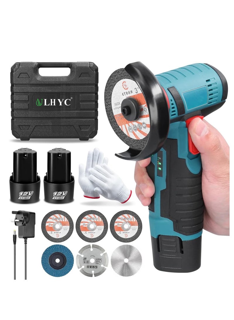 ULHYC Angle Grinder Tool, Mini Angle Grinder, Cordless Electric Angle Grinding Tool 12V 19500RPM with 2PCS 2000mAh Battery, Nylon Cutting Blade-s/Grinding Disc/Metal Cutting Disc - Image 1