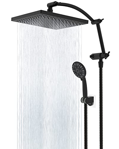 Hibbent Thickness 10'' Rain Shower Head, High Pressure Handheld Spray, Showerhead Combo with 16'' Adjustable Arc Shower Extension Arm, 7 Settings, 71'' Hose, Adhesive Shower Holder, Matte Black - Image 1