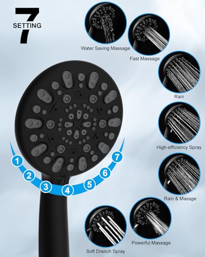 Hibbent Thickness 10'' Rain Shower Head, High Pressure Handheld Spray, Showerhead Combo with 16'' Adjustable Arc Shower Extension Arm, 7 Settings, 71'' Hose, Adhesive Shower Holder, Matte Black - Image 5