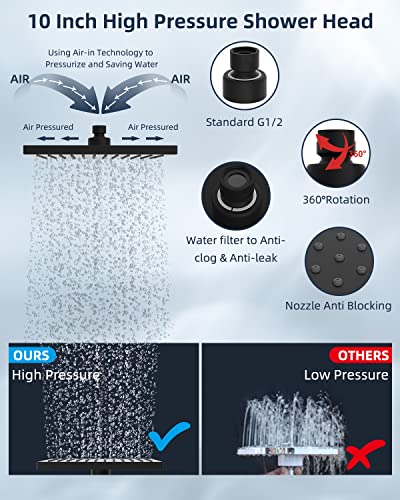 Hibbent Thickness 10'' Rain Shower Head, High Pressure Handheld Spray, Showerhead Combo with 16'' Adjustable Arc Shower Extension Arm, 7 Settings, 71'' Hose, Adhesive Shower Holder, Matte Black - Image 3
