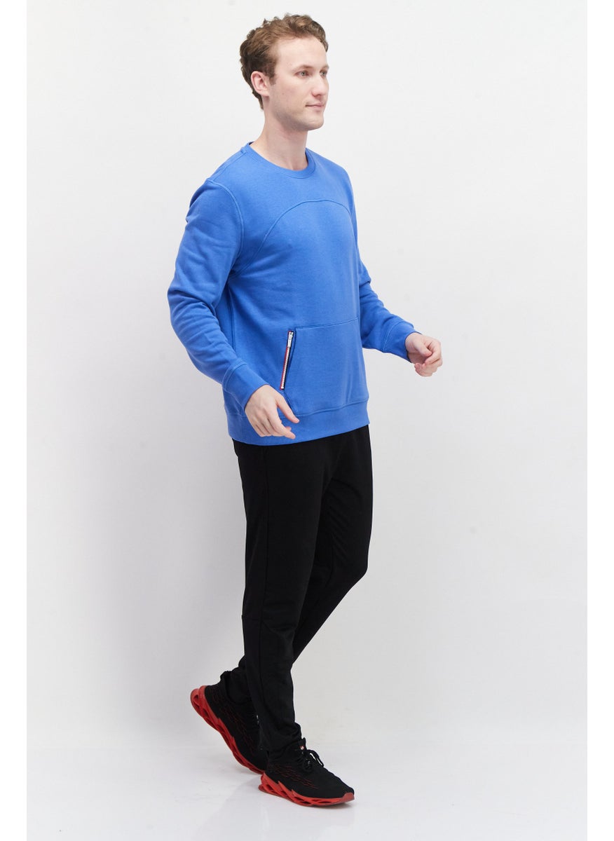 Fourlaps - Men Crew Neck Long Sleeve Plain Sweatshirt, Blue - Image 1
