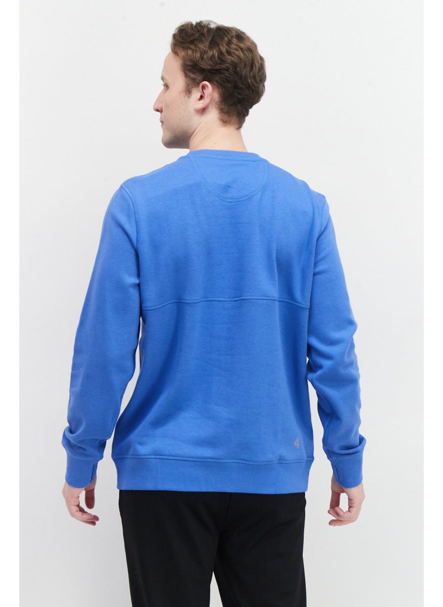 Fourlaps - Men Crew Neck Long Sleeve Plain Sweatshirt, Blue - Image 1