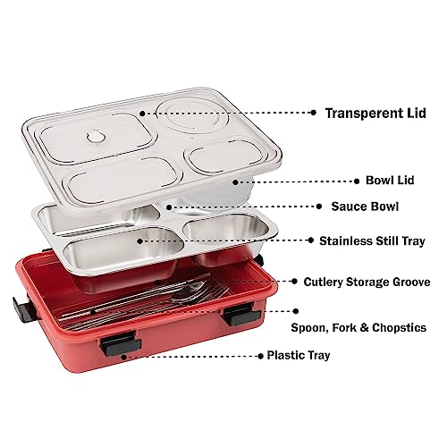 Brand Conquer Lunch Box Leak-Proof BPA Free Stainless Steel for School, Lunch Box for School & Office with a Fork, a Spoon and a Pair of Chopsticks (Red, 4 Compartment) - Image 2