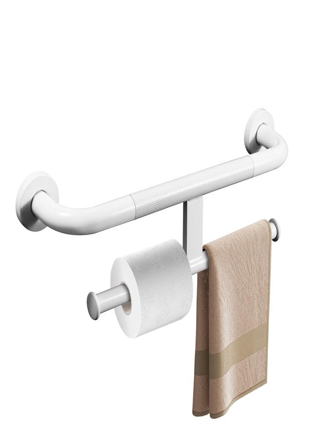 Rackickyer Handicap Grab Bar with Toilet Paper Roll Holder, 2-in-1 Safety Assist Bar Support Handle 16 Inch, White Stainless Steel Wall Mounted Bathroom Toilet Grab Bar for Senior Elderly - Image 1