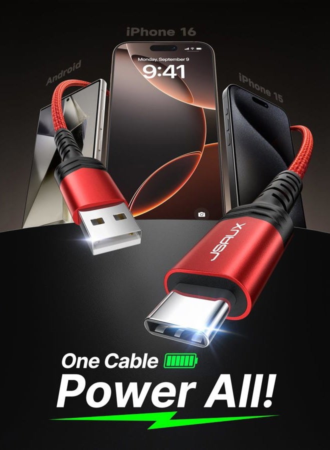 jsaux USB C Cable [2-Pack 10ft], USB A to USB Cord 3.1A Fast Charging Compatible with iPhone 16/16 Plus/16 Pro/16 Pro Max/iPhone 16e/iPhone 15 Series, Samsung S20 S10 S9, Note 20 10, Car Play - Red - Image 2