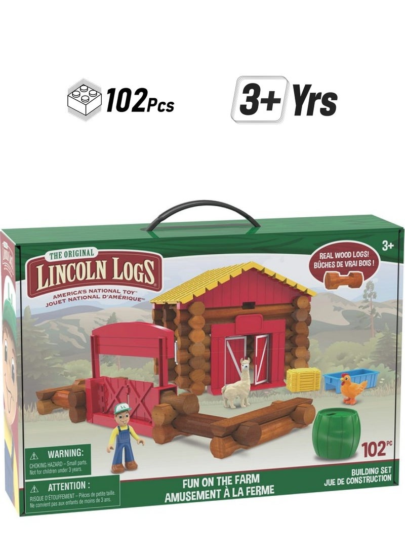 Basic Fun LINCOLN LOGS - Fun On The Farm - 102 Parts - Real Wood Logs - Ages 3+ - Best Retro Building Gift Set for Boys/Girls - Creative Construction Engineering - Top Blocks Game Kit - Preschool Education Toy  - Image 1