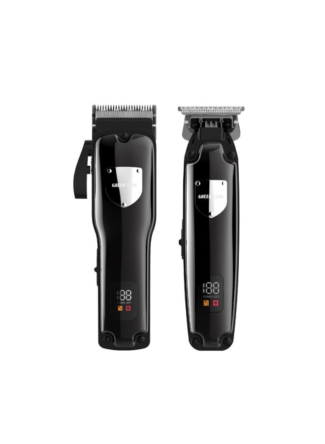 جرين ليون ماكينة قص الشعر والجسم Pro Trim Duo 9 في 1 مع حقيبة حمل / سلكية ولاسلكية / ذراع مدبب / شاشة رقمية / واقي للرقبة / مقص / زجاجة زيت / أمشاط قابلة للتعديل / ماكينة حلاقة / فرشاة تنظيف / ماكينة قص يدوية x2 - أسود - Image 1