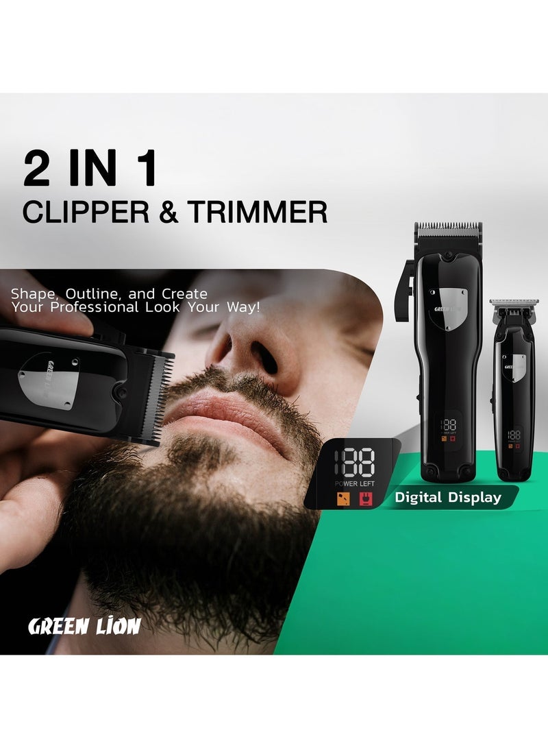 جرين ليون ماكينة قص الشعر والجسم Pro Trim Duo 9 في 1 مع حقيبة حمل / سلكية ولاسلكية / ذراع مدبب / شاشة رقمية / واقي للرقبة / مقص / زجاجة زيت / أمشاط قابلة للتعديل / ماكينة حلاقة / فرشاة تنظيف / ماكينة قص يدوية x2 - أسود - Image 2