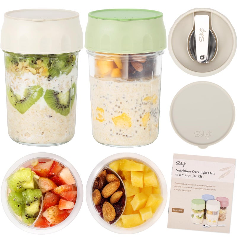 SOLIGT 2 Pack Overnight Oats Containers with Lids, Folding Spoons, and Divided Compartments for Fruit & Nuts, Small Glass 16oz Mason Jars for Oatmeal Yogurt Parfait (2 Set-Oat White/Organic Green) - Image 1