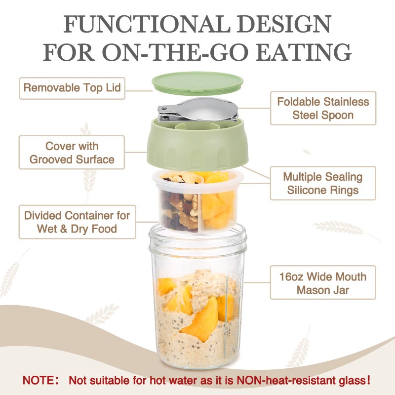 SOLIGT 2 Pack Overnight Oats Containers with Lids, Folding Spoons, and Divided Compartments for Fruit & Nuts, Small Glass 16oz Mason Jars for Oatmeal Yogurt Parfait (2 Set-Oat White/Organic Green) - Image 3