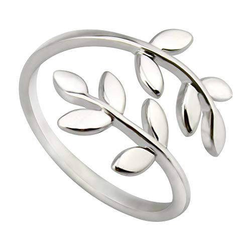 ELBLUVF Stainless Steel Silver Plated Leaves Leaf Laurel Adjustable Branch Ring Jewelry for Women - Image 1