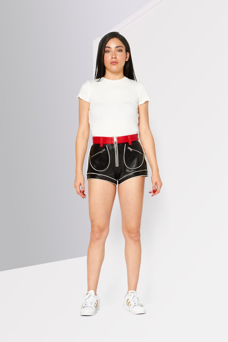 DIESEL Women Plain Leather Basic Shorts, Black  - Image 3
