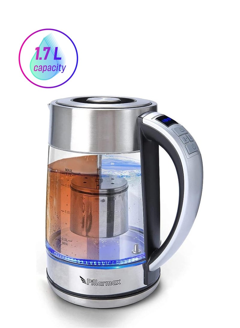 PROMASS غلاية زجاجية للتحكم في درجة الحرارة مع منقوع قابل للإزالة، سعة 1.7 لتر، 2200 واط، برامج تحضير الشاي، غلاية زجاجية من الفولاذ المقاوم للصدأ، خالية من مادة BPA - Image 1