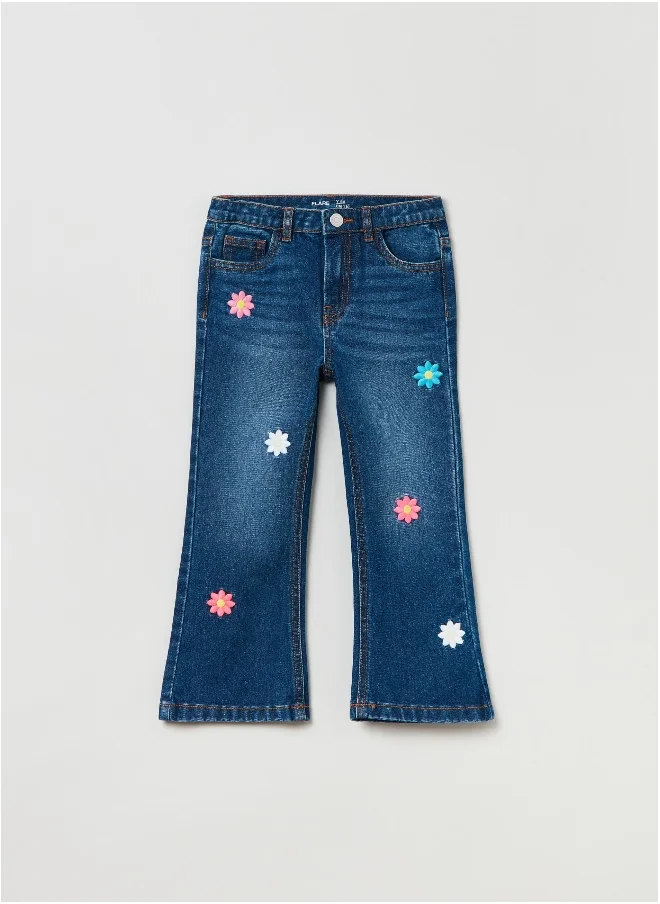 او في اس OVS Flare-Fit Jeans With Embroidered Daisies
